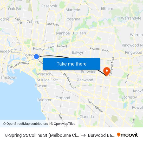 8-Spring St/Collins St (Melbourne City) to Burwood East map