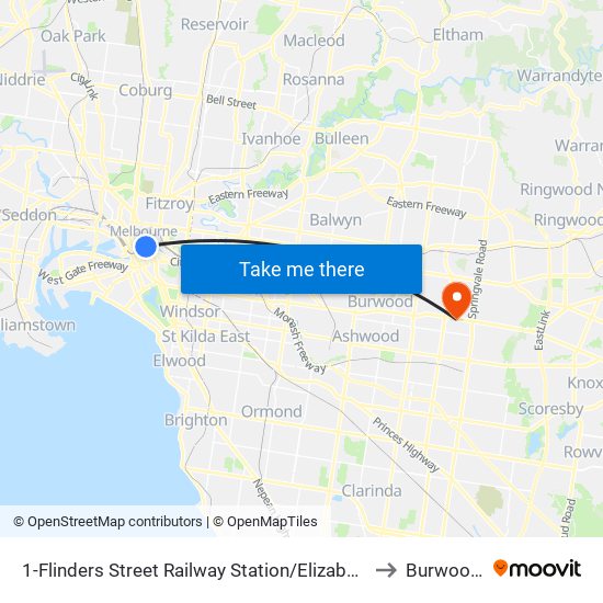 1-Flinders Street Railway Station/Elizabeth St (Melbourne City) to Burwood East map