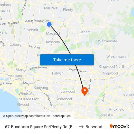 67-Bundoora Square Sc/Plenty Rd (Bundoora) to Burwood East map