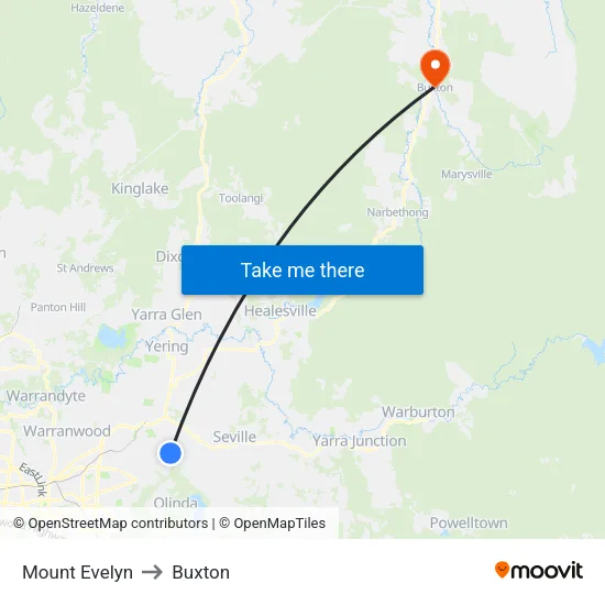 Mount Evelyn to Buxton map