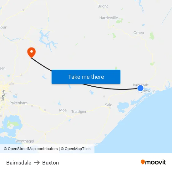 Bairnsdale to Buxton map
