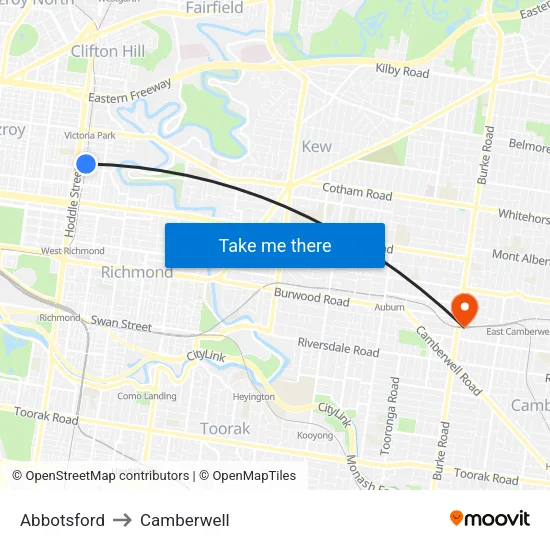 Abbotsford to Camberwell map
