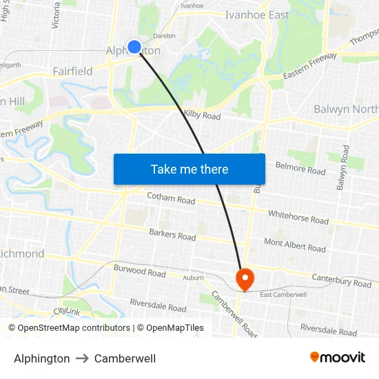 Alphington to Camberwell map