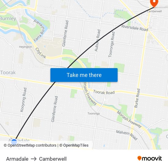 Armadale to Camberwell map