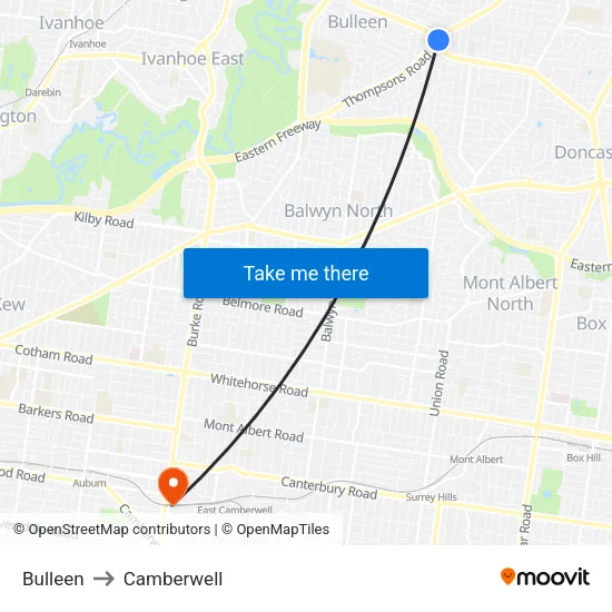 Bulleen to Camberwell map