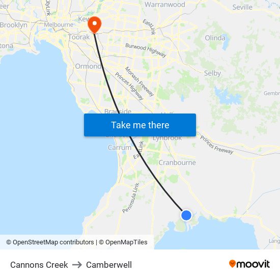 Cannons Creek to Camberwell map