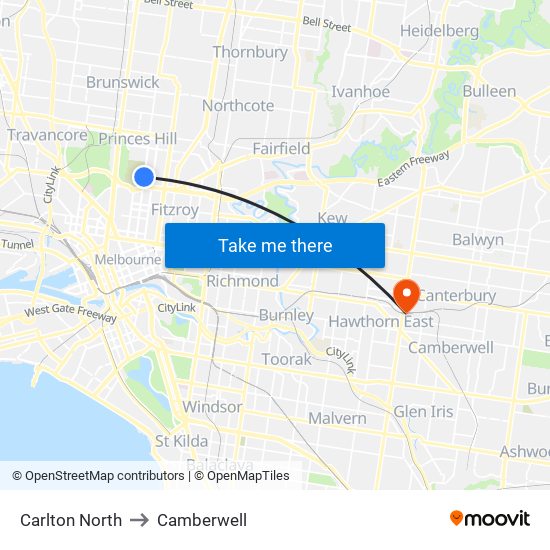 Carlton North to Camberwell map