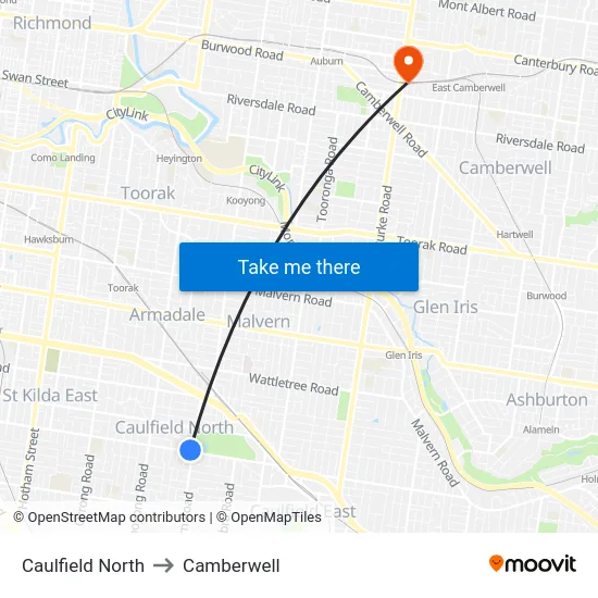 Caulfield North to Camberwell map