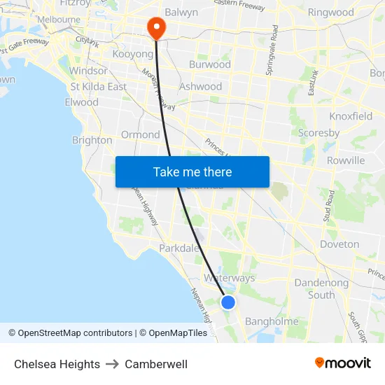 Chelsea Heights to Camberwell map
