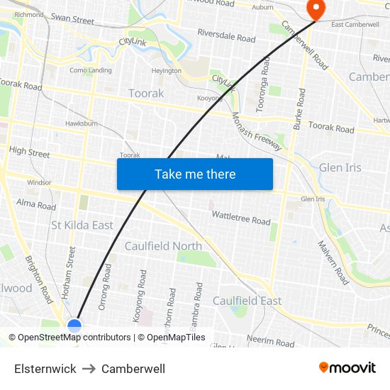 Elsternwick to Camberwell map