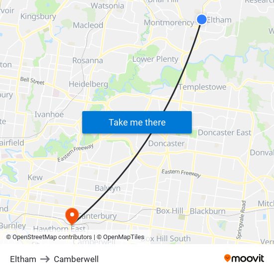 Eltham to Camberwell map