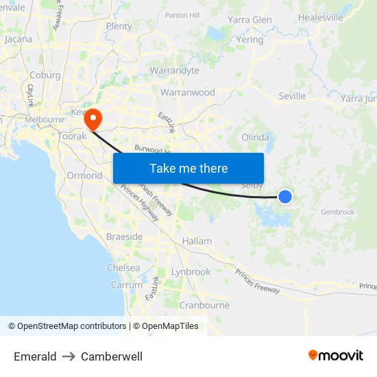 Emerald to Camberwell map