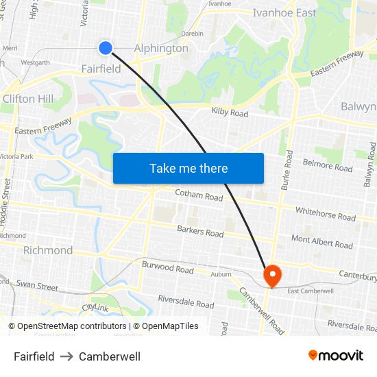 Fairfield to Camberwell map