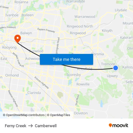 Ferny Creek to Camberwell map