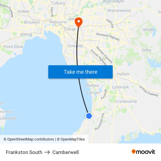 Frankston South to Camberwell map