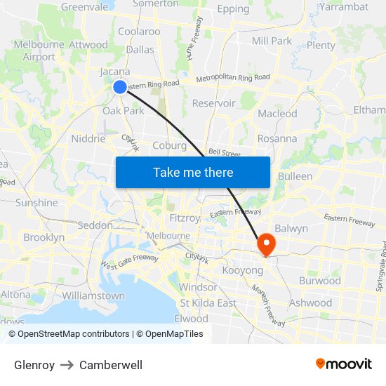 Glenroy to Camberwell map