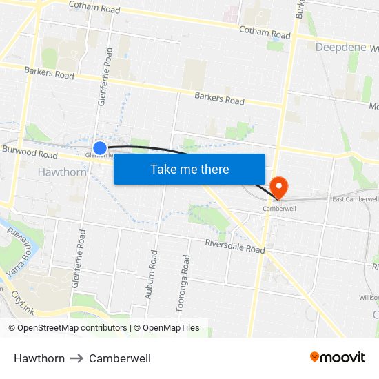 Hawthorn to Camberwell map