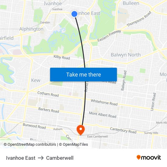 Ivanhoe East to Camberwell map