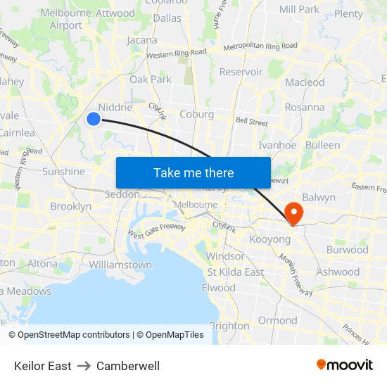 Keilor East to Camberwell map