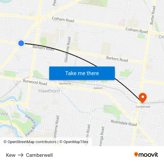 Kew to Camberwell map