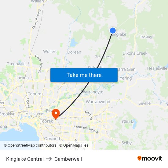 Kinglake Central to Camberwell map