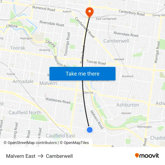 Malvern East to Camberwell map