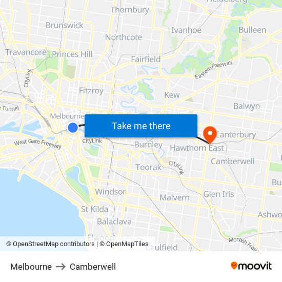 Melbourne to Camberwell map