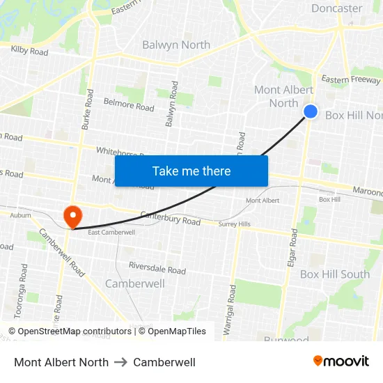 Mont Albert North to Camberwell map