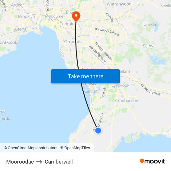 Moorooduc to Camberwell map