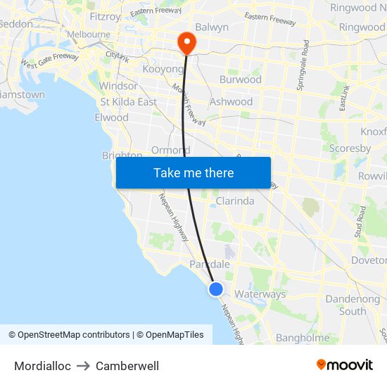 Mordialloc to Camberwell map
