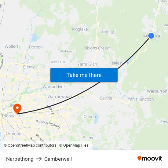 Narbethong to Camberwell map