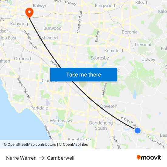 Narre Warren to Camberwell map