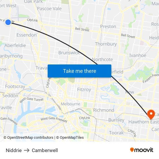 Niddrie to Camberwell map