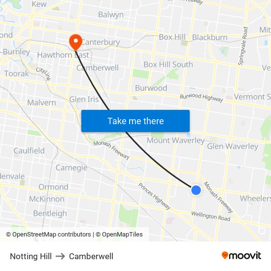 Notting Hill to Camberwell map