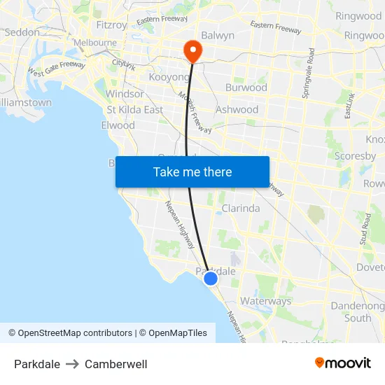 Parkdale to Camberwell map