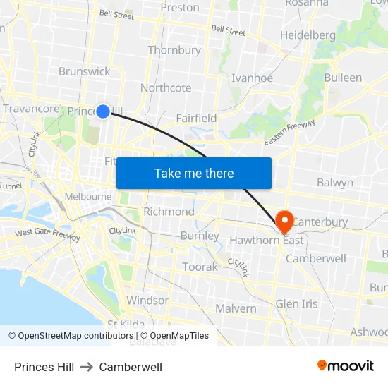 Princes Hill to Camberwell map