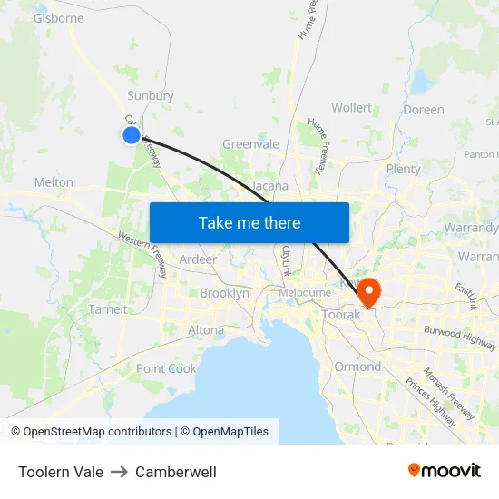 Toolern Vale to Camberwell map
