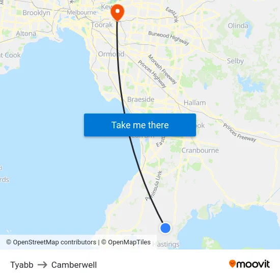 Tyabb to Camberwell map