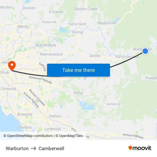 Warburton to Camberwell map