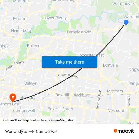 Warrandyte to Camberwell map