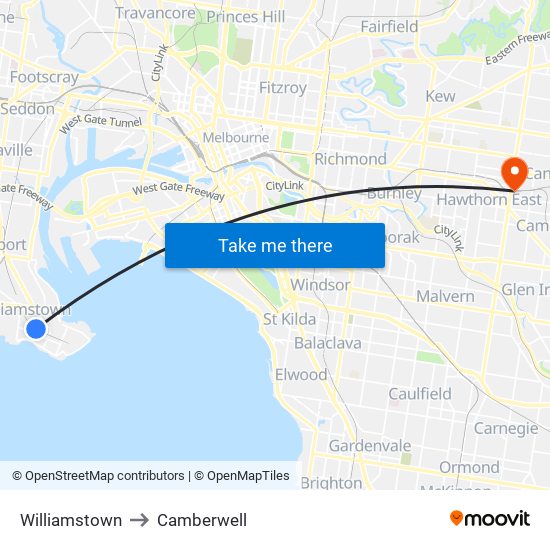 Williamstown to Camberwell map