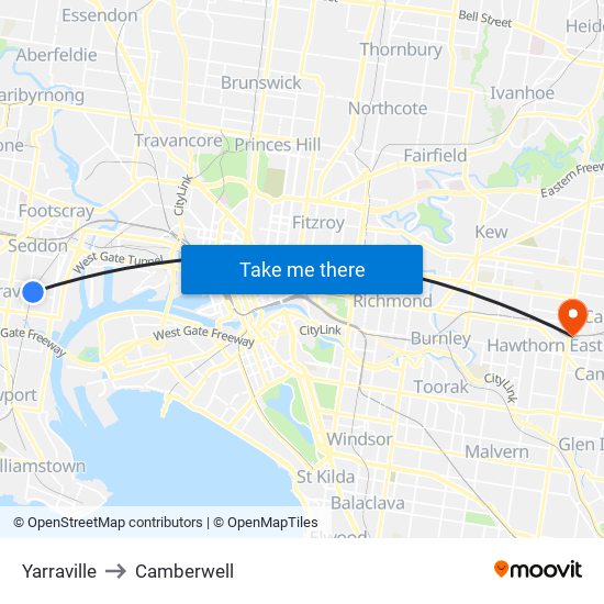 Yarraville to Camberwell map