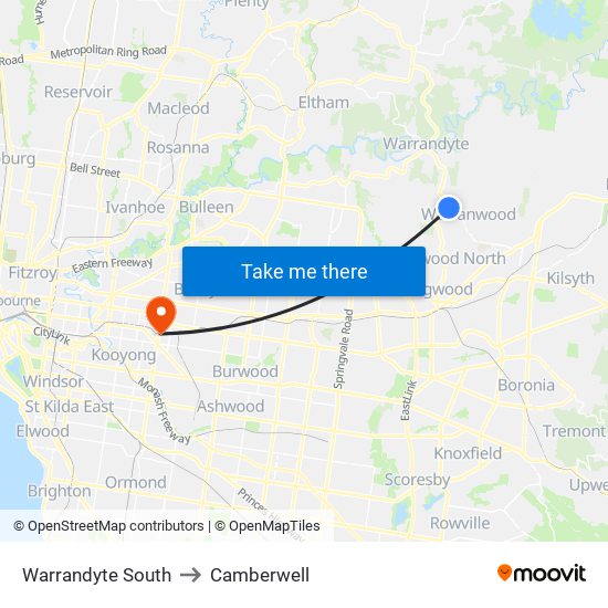 Warrandyte South to Camberwell map