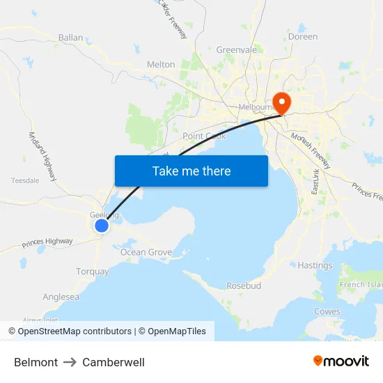 Belmont to Camberwell map