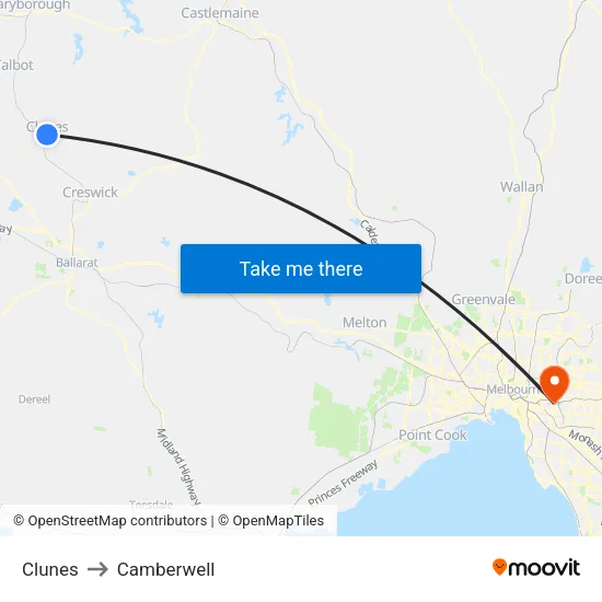 Clunes to Camberwell map