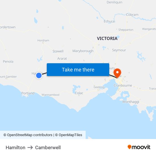 Hamilton to Camberwell map