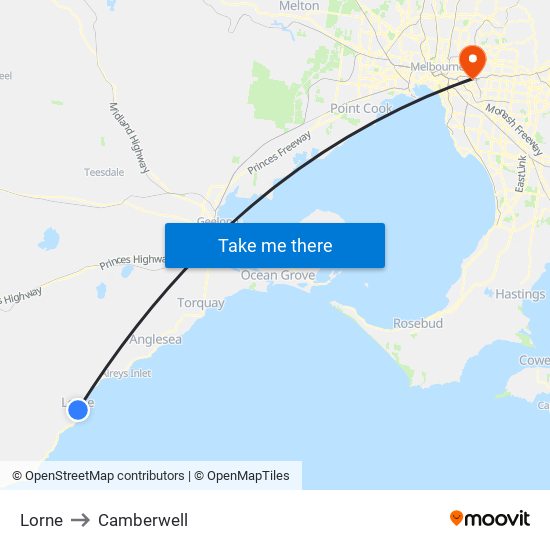 Lorne to Camberwell map