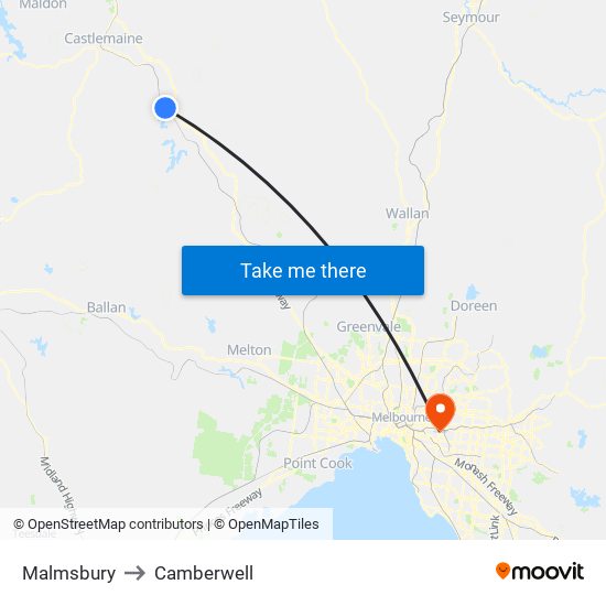 Malmsbury to Camberwell map