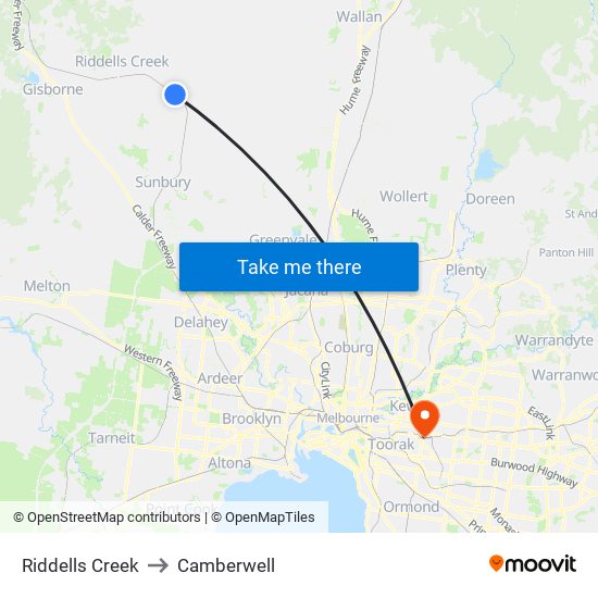 Riddells Creek to Camberwell map