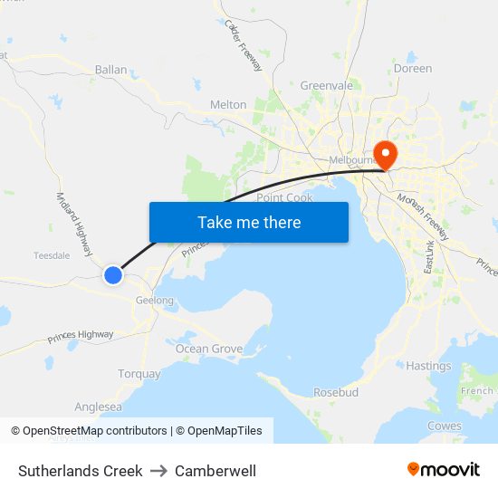 Sutherlands Creek to Camberwell map